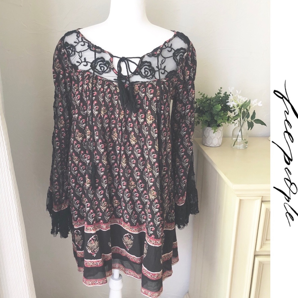 Free People || Black with Lace Nomad Child Casual Dress - Picture 4 of 8